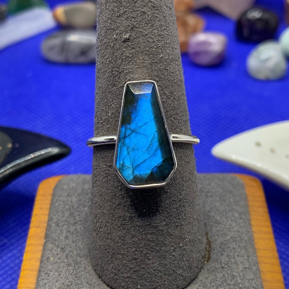 Stunning Blue Labradorite Coffin Ring, .925 Solid Sterling Sil, Handmade, Sz 8.5